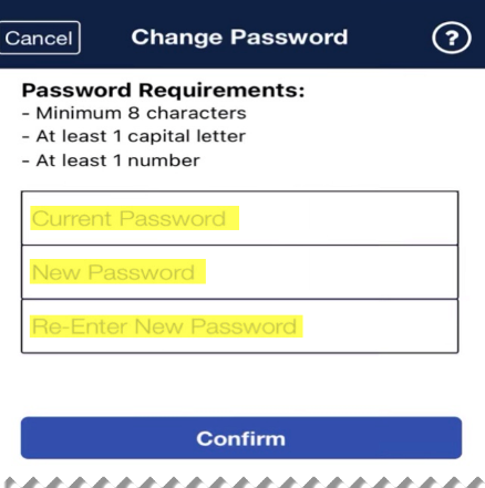 Change Password Enter the Current Password (the temporary password received), a New Password, and Re-Enter New Password (to confirm). Click Confirm to log in to the app.