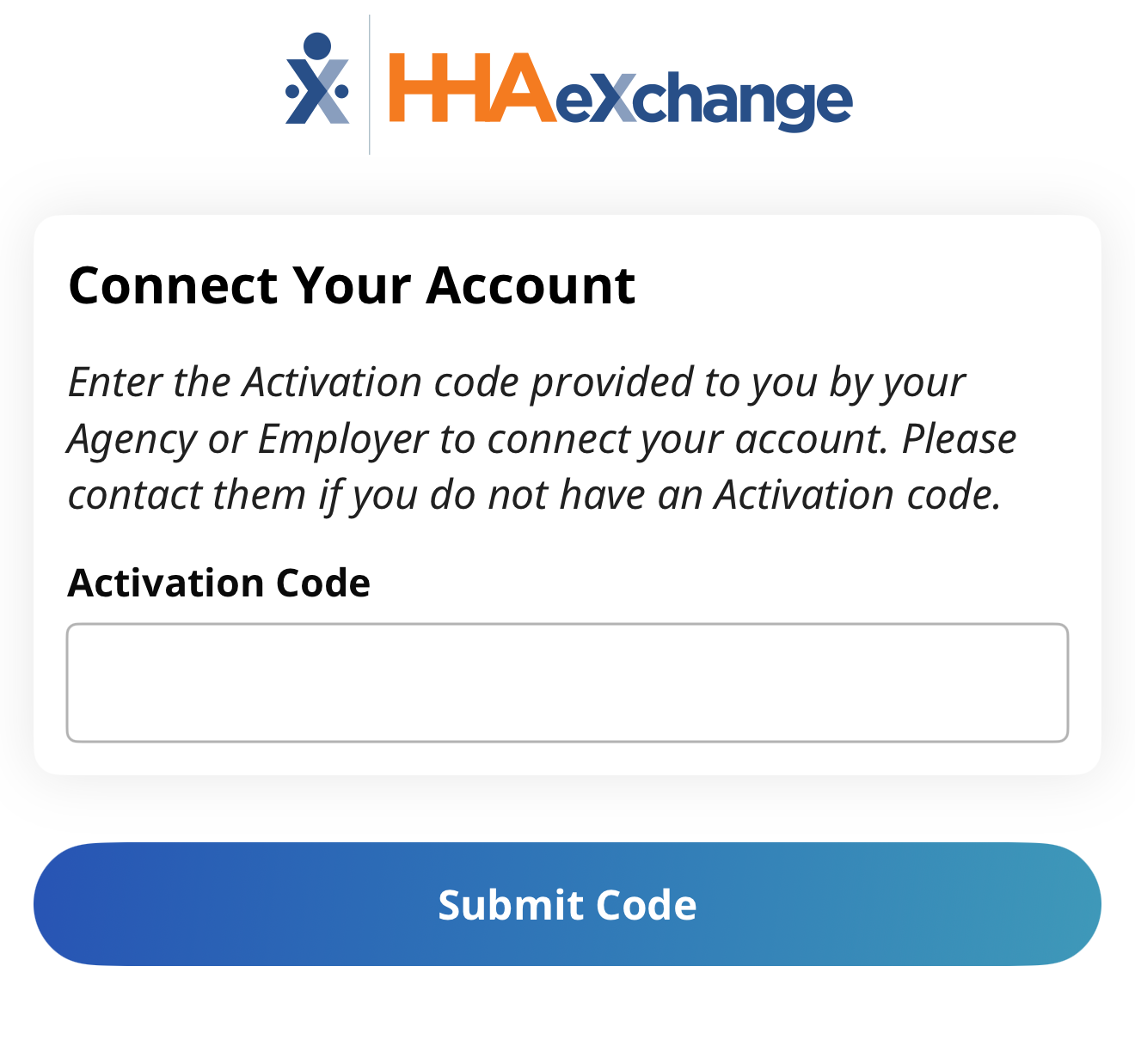 Connect Your Account Page Connect your account page with submit code button