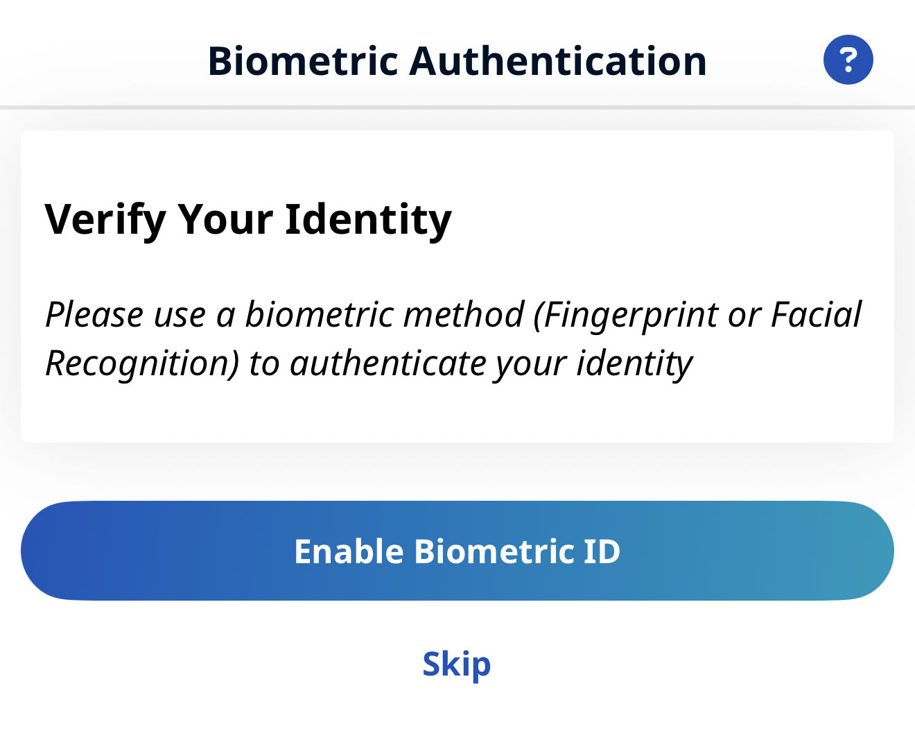 Biometric Authentication Page biometric authentication page with enable biometric ID button and skip link