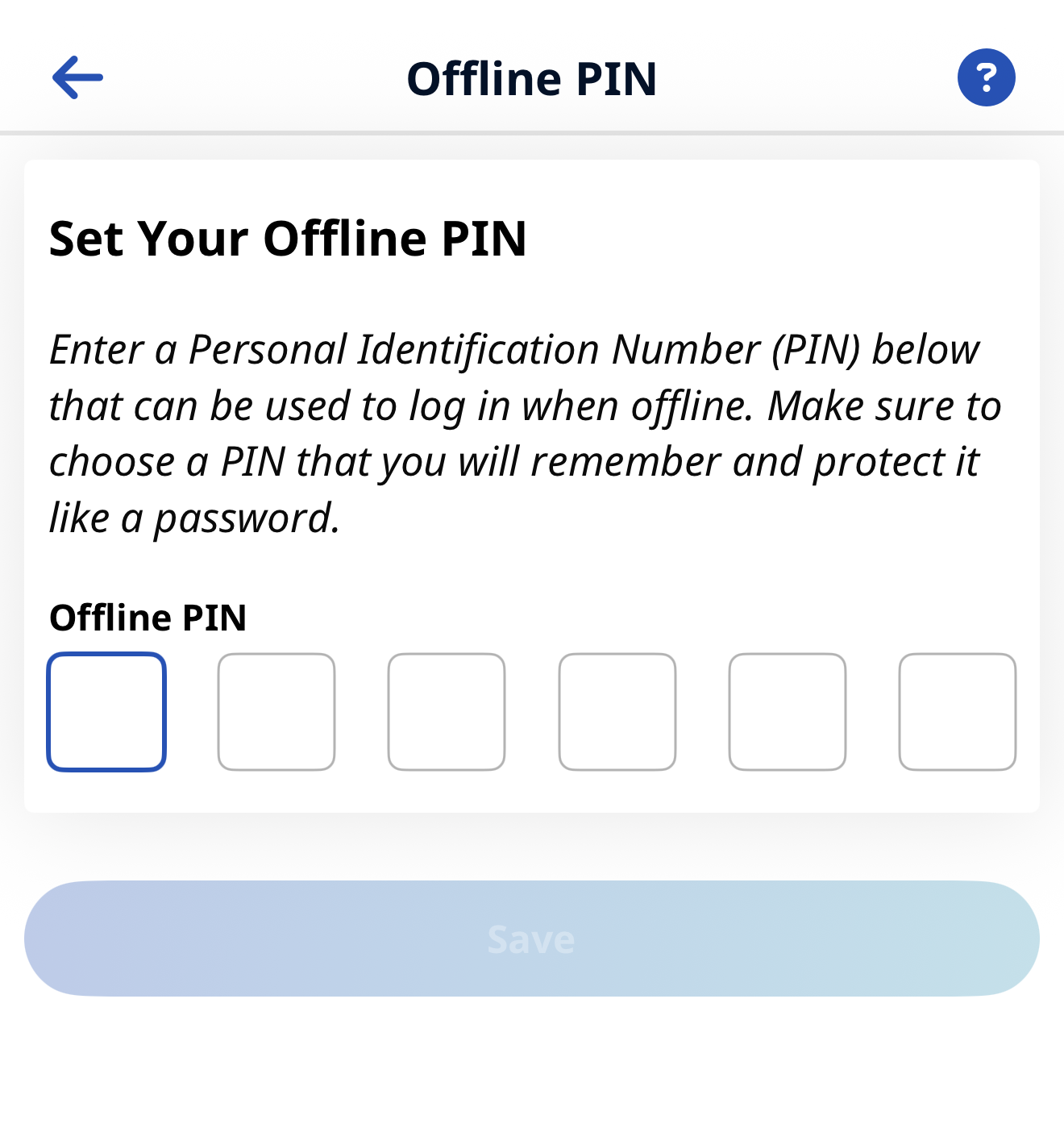 Offline PIN Set Page Offline PIN set page with Save button