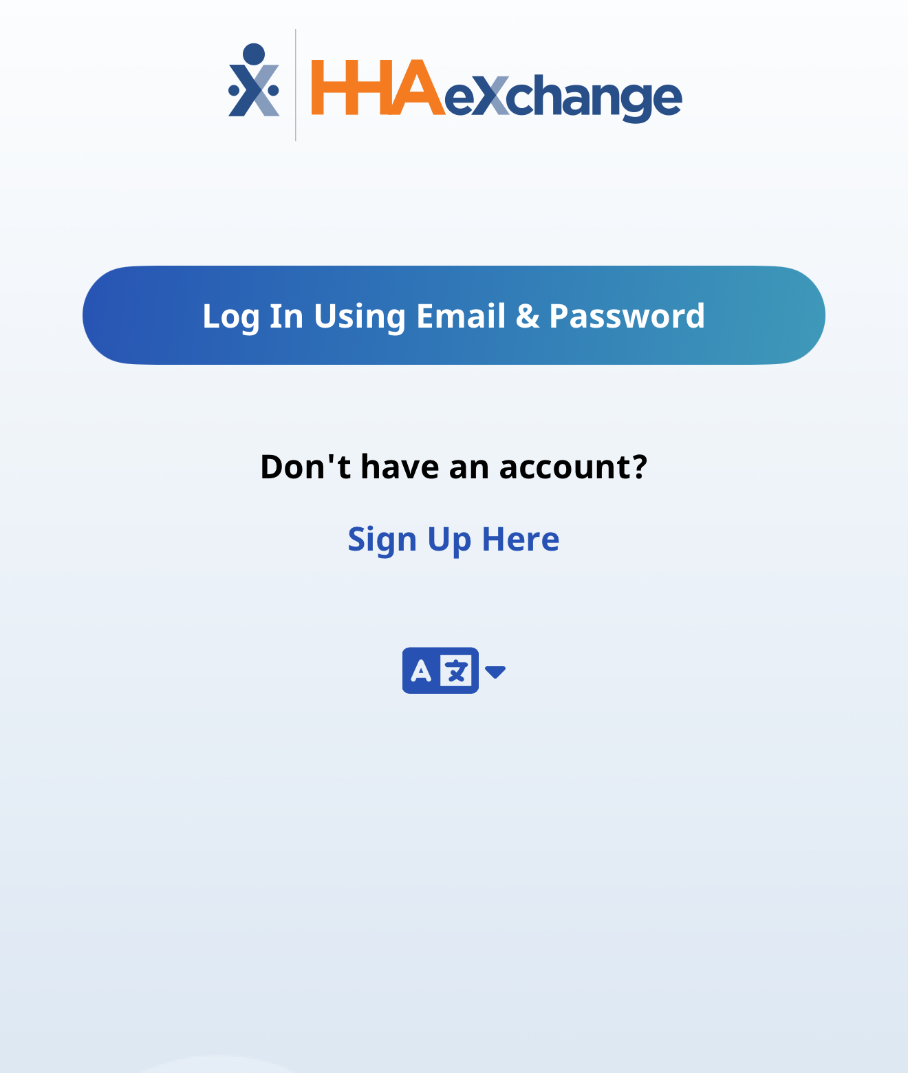 App Launch Page App launch page with Log in button and sign up here link