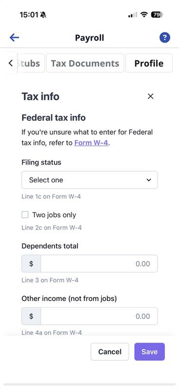 Payroll Edit Tax info Profile feature Payroll Edit Tax info Profile Feature location on the Mobile app