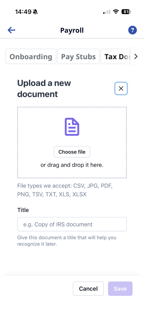 Payroll Upload a new Tax Document feature Payroll Upload a new Tax Document Feature location on the Mobile app