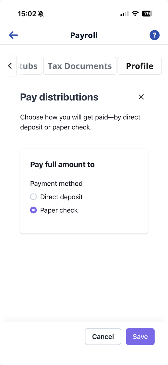 Payroll Pay Distribution Profile feature Payroll Pay Distribution Profile Feature location on the Mobile app