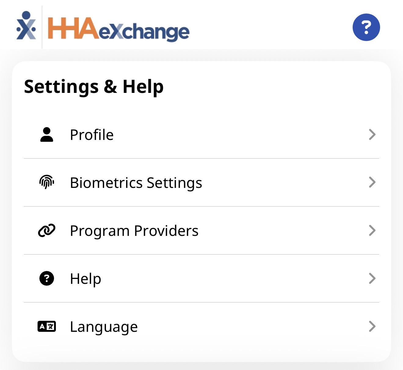 Self-Direction App Menu Self-Direction App menu with profile, biometrics, program providers, help, and language options