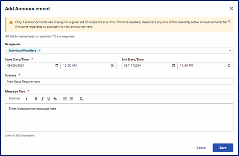 Services Portal Management - Add Announcement