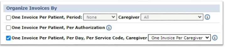 The image shows the Invoice Grouping options. 