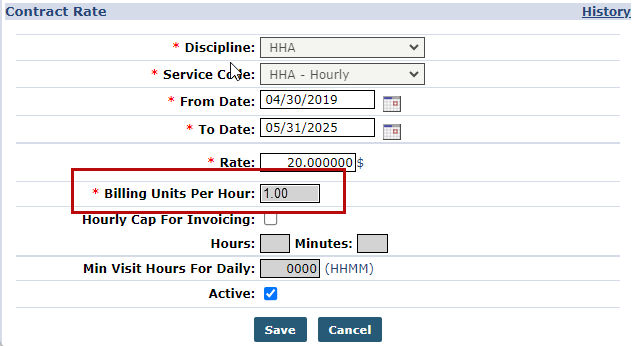 This image shows the Contract Rate window highlighting the Billing Units Per Hour field.