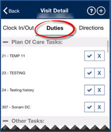 Duties tab for the Caregiver to Log Duties