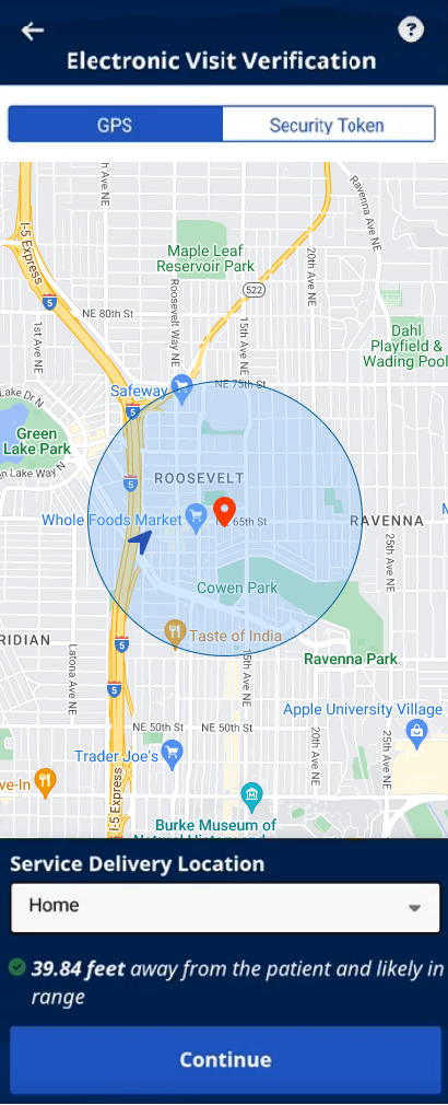 Image of Electronic Visit Verification page showing GPS map indicating patient location and Service Delivery Location selector below the map
