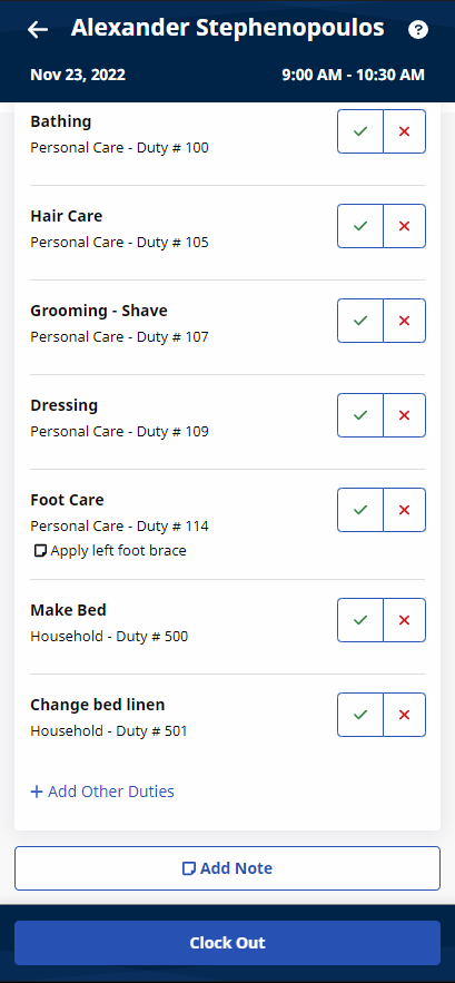 Partial image of Visit Details page showing Tasks, Add Note button, and Clock Out button at bottom