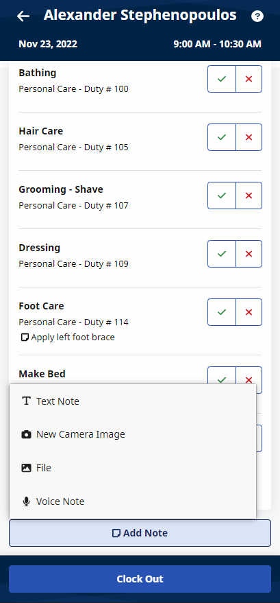 Visit Details page showing Add Note options displayed above Add Note button