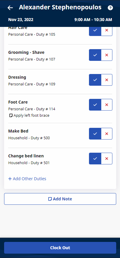 Partial image of Visit Details page showing Tasks, Add Note button, and Clock Out button at bottom