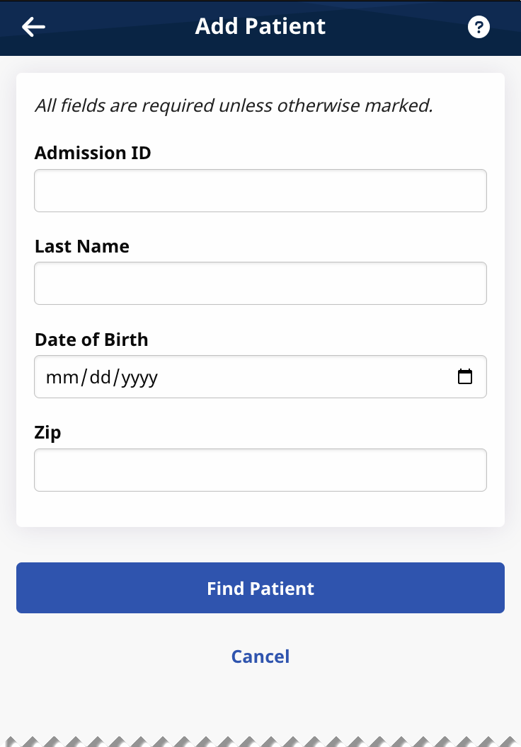 Partial image of the Add Patient page with search fields and Find Patient button at bottom