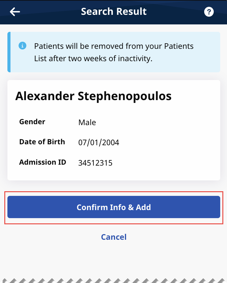 Partial image of the Search Result page with Confirm Info & Add button highlighted at bottom