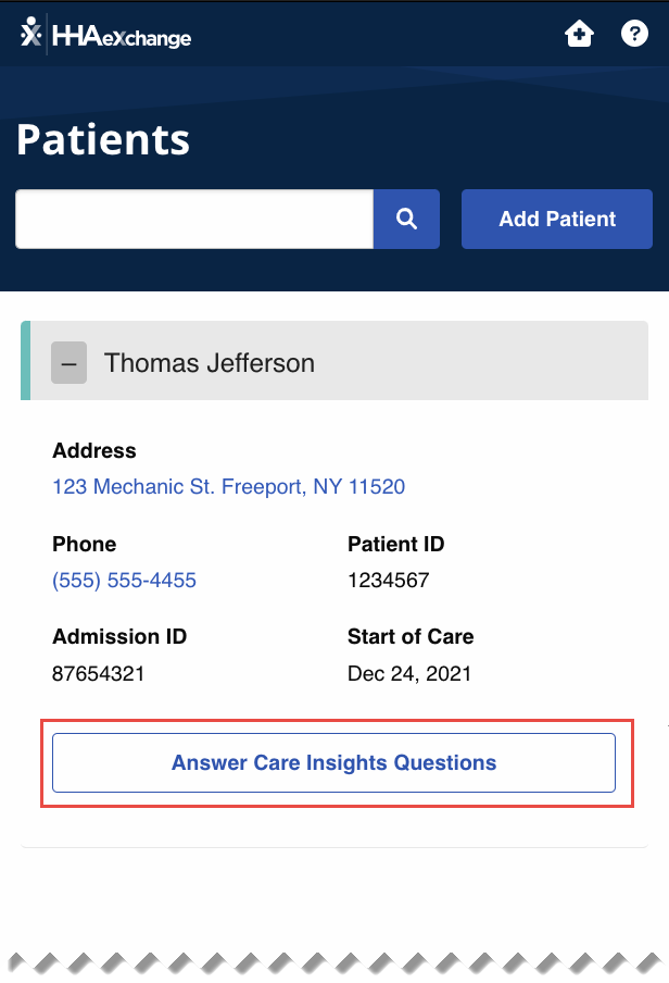Partial image of the Patients page with Answer Care Insights Questions highlighted at bottom