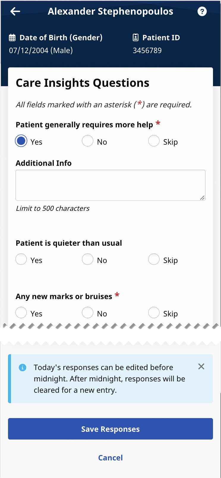 Partial image of Care Insights Questions page with Save Responses button at bottom