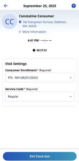 visit details page with evv clock out button