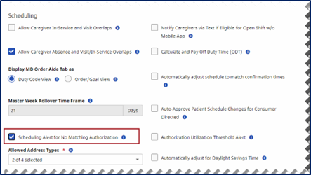 This image displays the Scheduling Alert for No Matching Authorization field on the Edit Office page.