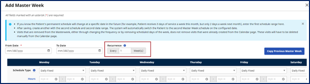 The screen displays the Add Master Week window highlighting the Recurrance field.