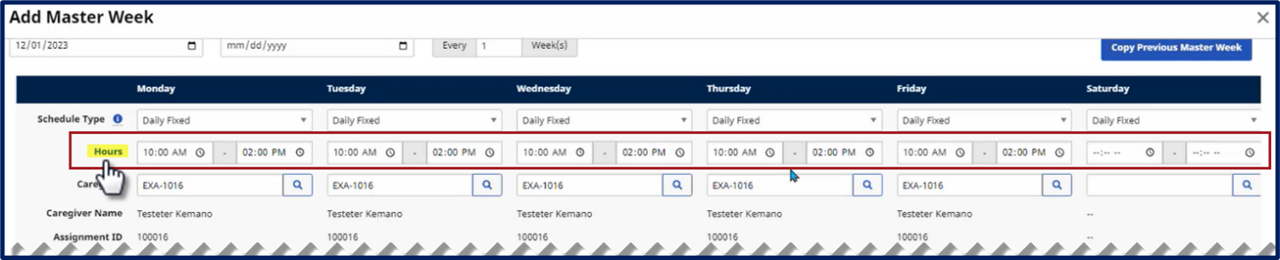 The screen displays the Add Master Week screen with the Hours fields highlighted.