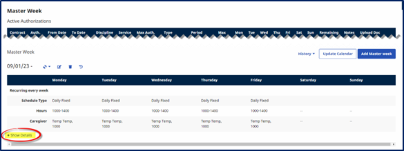This image displays the + Show Details link on the Master Week