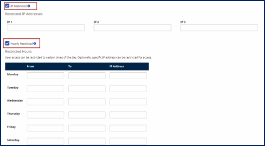 This image displays the IP Restricted and Hourly Restricted fields on the User Account page.