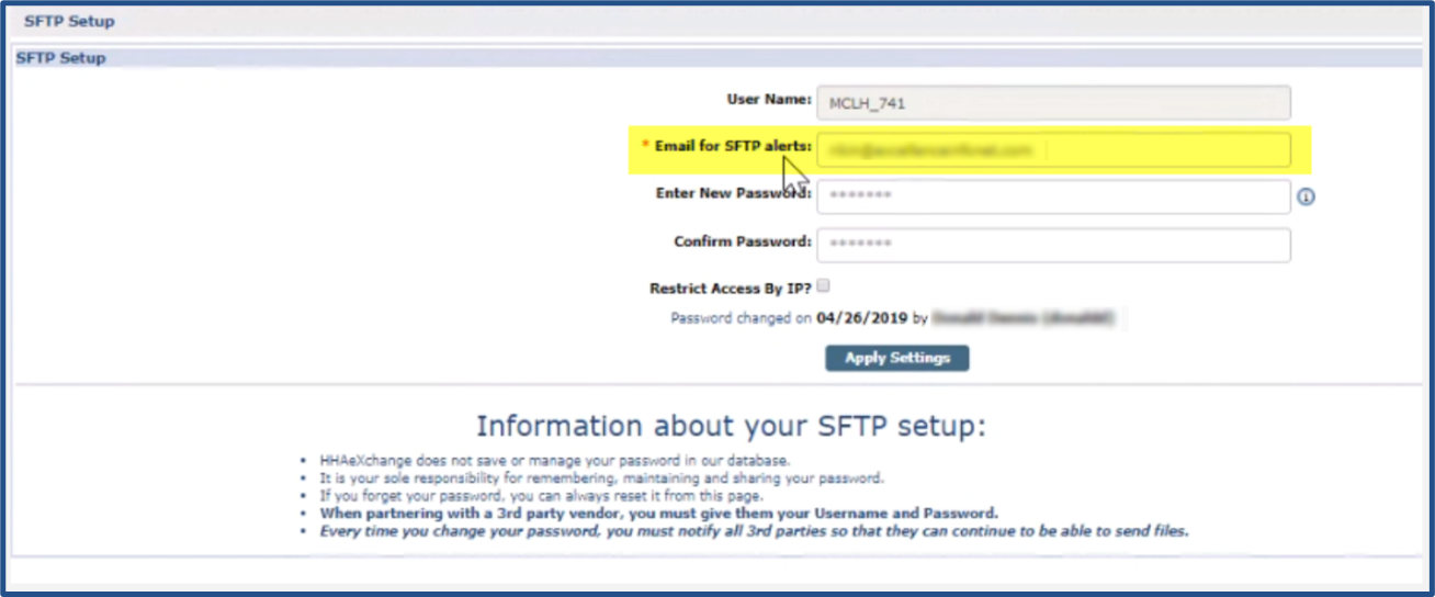SFTP Setup Page: Email SFTP Alert Field