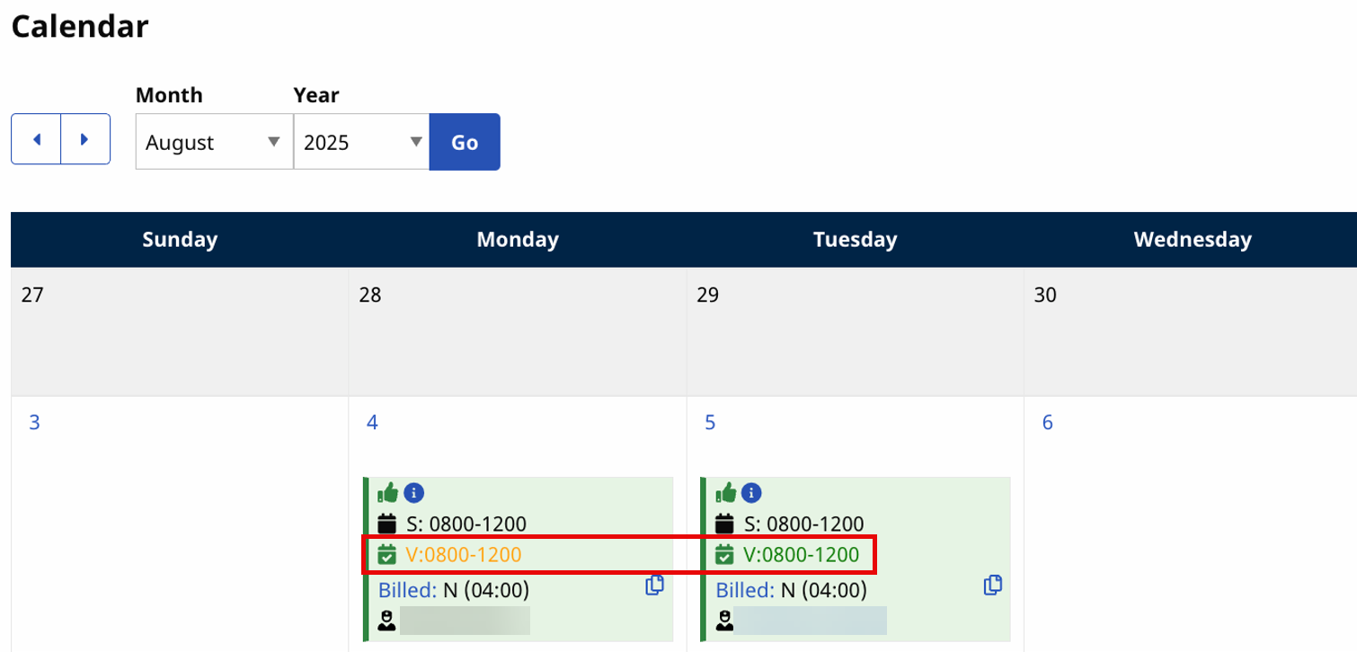 Visits display yellow Visits display yellow on the Patient Calendar