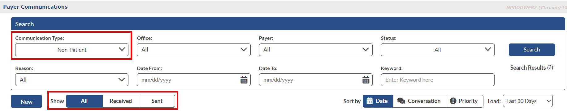 Communications Message Center page Communications Message Center page