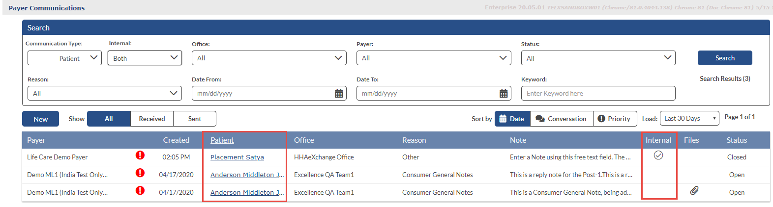 In the Message Center, message data displays in the table at bottom, referencing Patient names, notes, and internal indication. In the Message Center, message data displays in the table at bottom, referencing Patient names, notes, and internal indication.