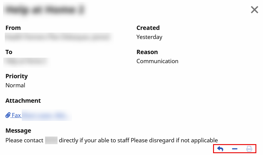 In the In Service Change pop-up window, icons display at left to reply, resolve, and print the message. In the In Service Change pop-up window, icons display at left to reply, resolve, and print the message.