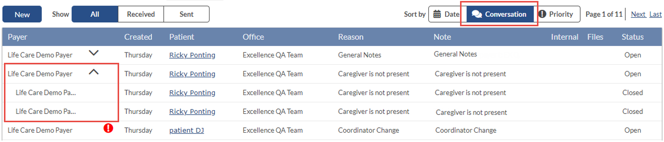 In the leftmost Payer column, multiple messages display for a corresponding Patient in the dropdown. In the leftmost Payer column, multiple messages display for a corresponding Patient in the dropdown.
