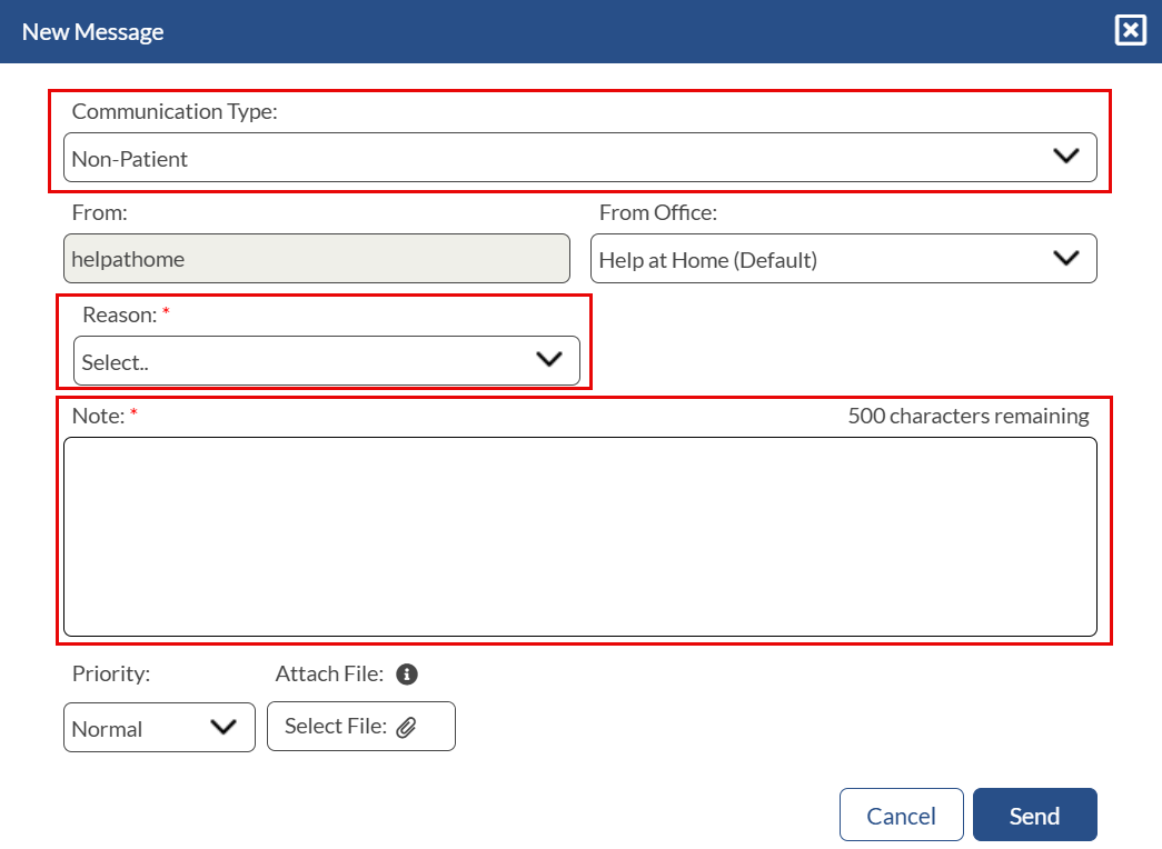 In the New Message window, fields display to define the new message, such as the communication type, which has been selected as Non-Patient in the image. In the New Message window, fields display to define the new message, such as the communication type, which has been selected as Non-Patient in the image.