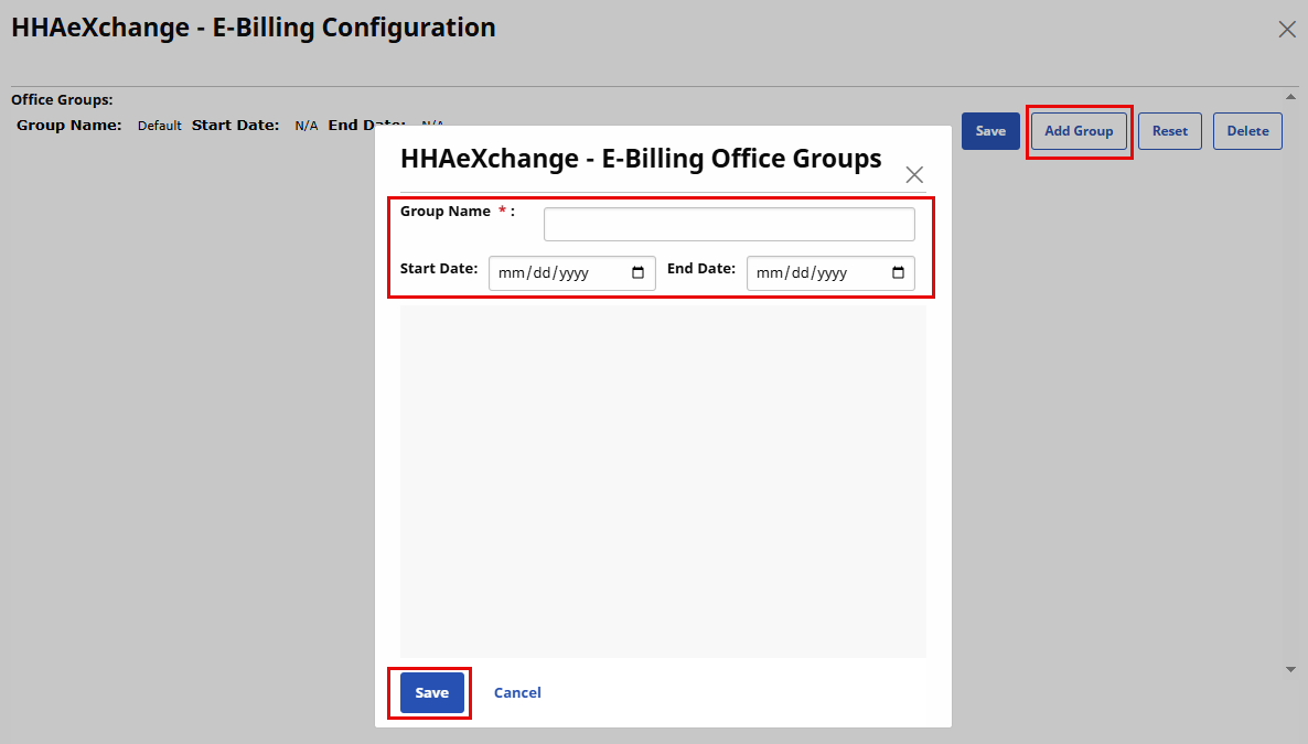 E-Billing Office Groups window E-Billing Office Groups window