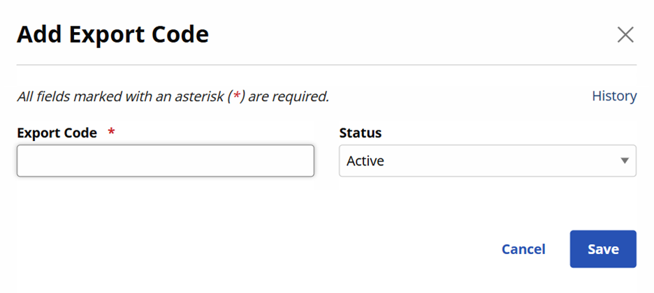 Add Export Code window Add Export Code window
