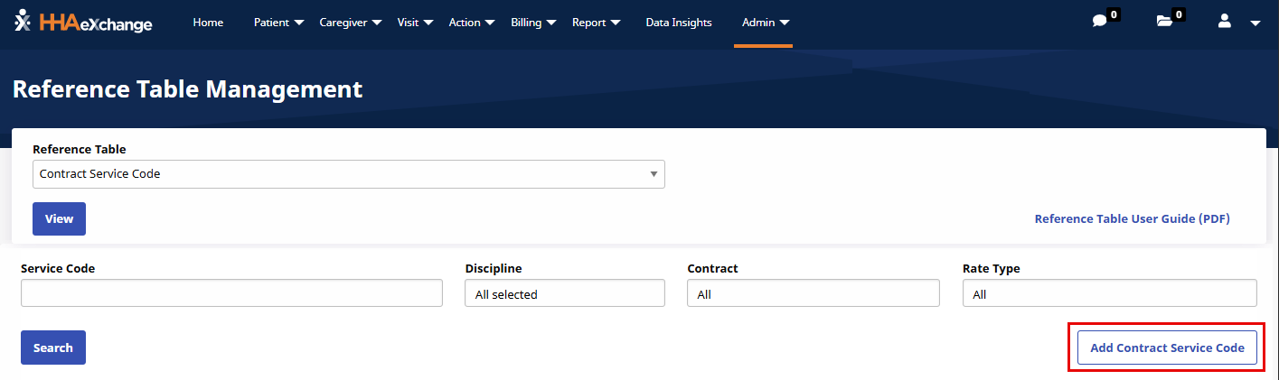 Add Contract Service Code button Add Contract Service Code button