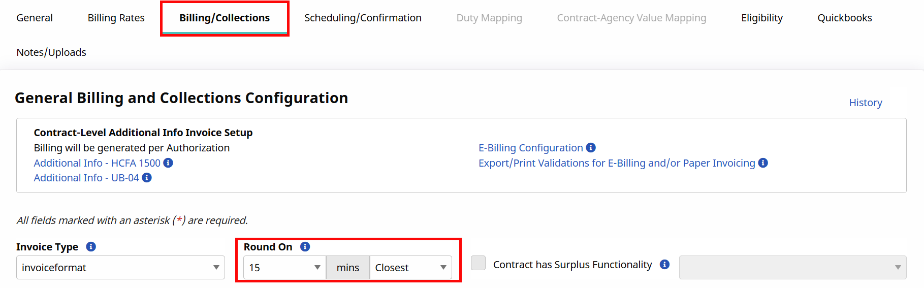 On the contract page, click the Billing/Collections tab. Find the Round On section. On the contract page, click the Billing/Collections tab. Find the Round On section.