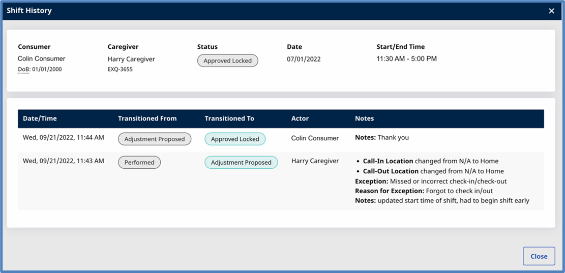 Shift History page Shift History page
