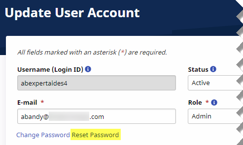 User Account Page: Reset Password Button User Account Page: Reset Password Button