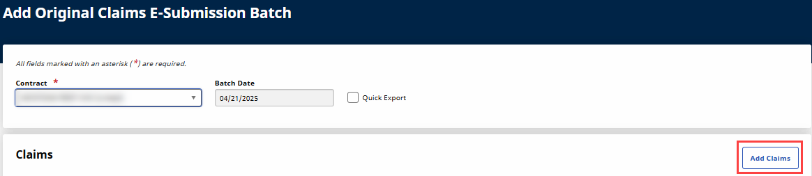Add Original Claims E-Submission Batch window Add Original Claims E-Submission Batch window