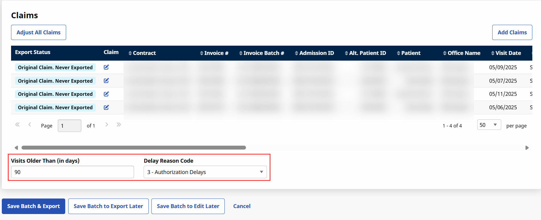 Visits Older Than (in days) Delay Reason Code Visits Older Than (in days) Delay Reason Code
