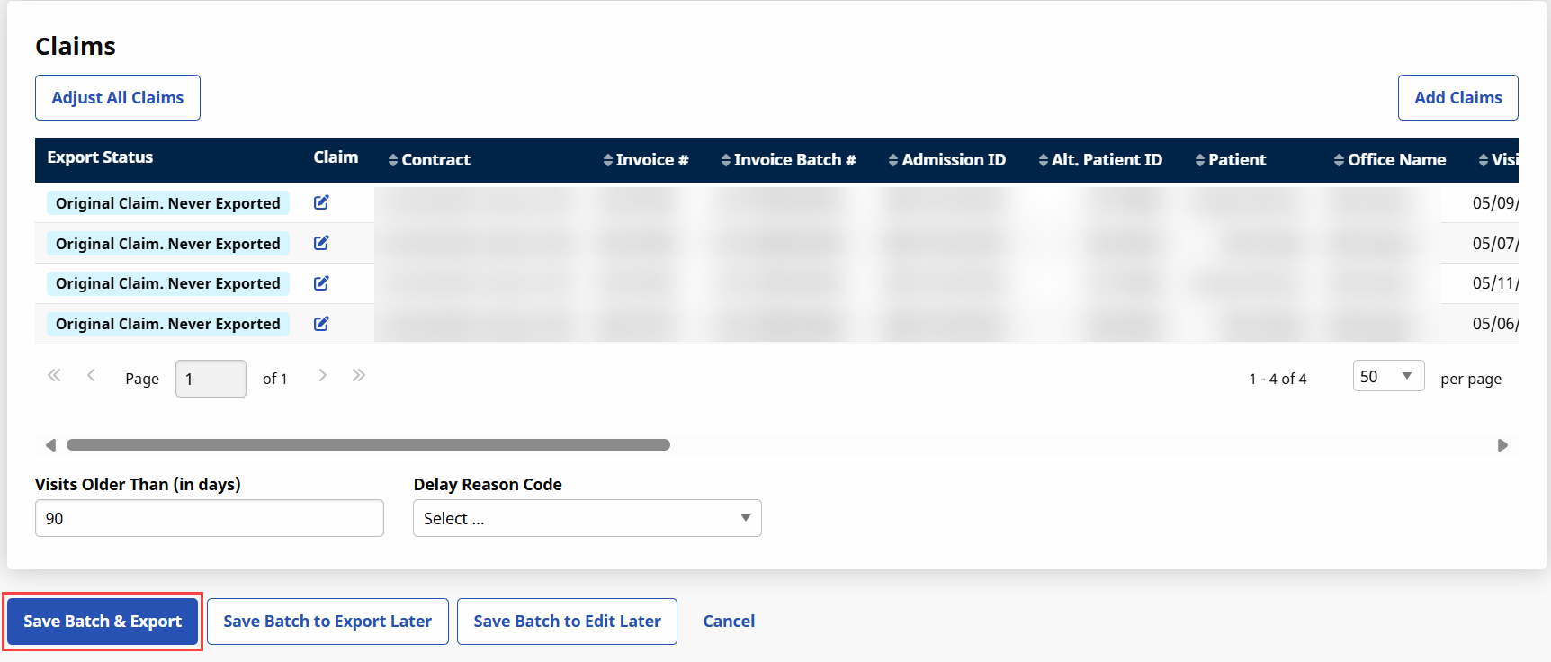 E-Billing Batch Save Batch & Export