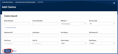Search for Claims in the Add Claims Window Search for Claims in the Add Claims Window