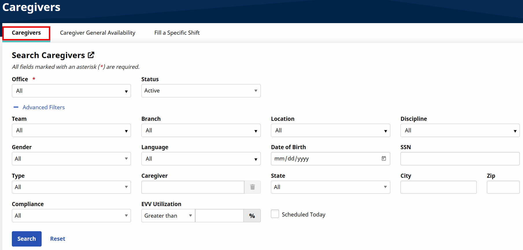 Caregiver Search Page: Search Filters Caregiver Search Page: Search Filters