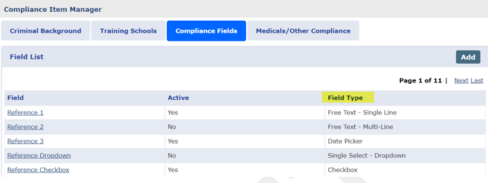Compliance Fields: Table of Values Compliance Fields: Table of Values
