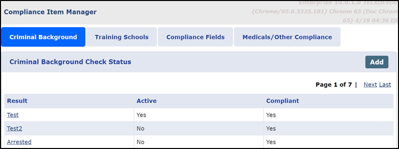 Criminal Background Check Status: Table of Values Criminal Background Check Status: Table of Values