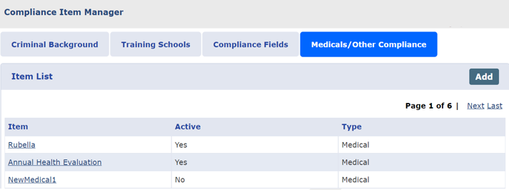 Medical/Other Compliance: Table of Values Medical/Other Compliance: Table of Values