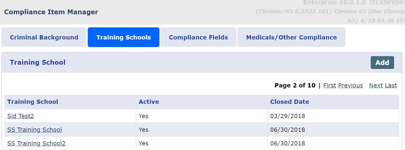 Training Schools: Table of Values Training Schools: Table of Values