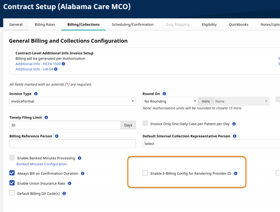 Enable e-billing config for rendering provider ID